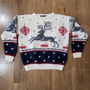 Eddie Bauer Cream and Navy Reindeer Sweater
